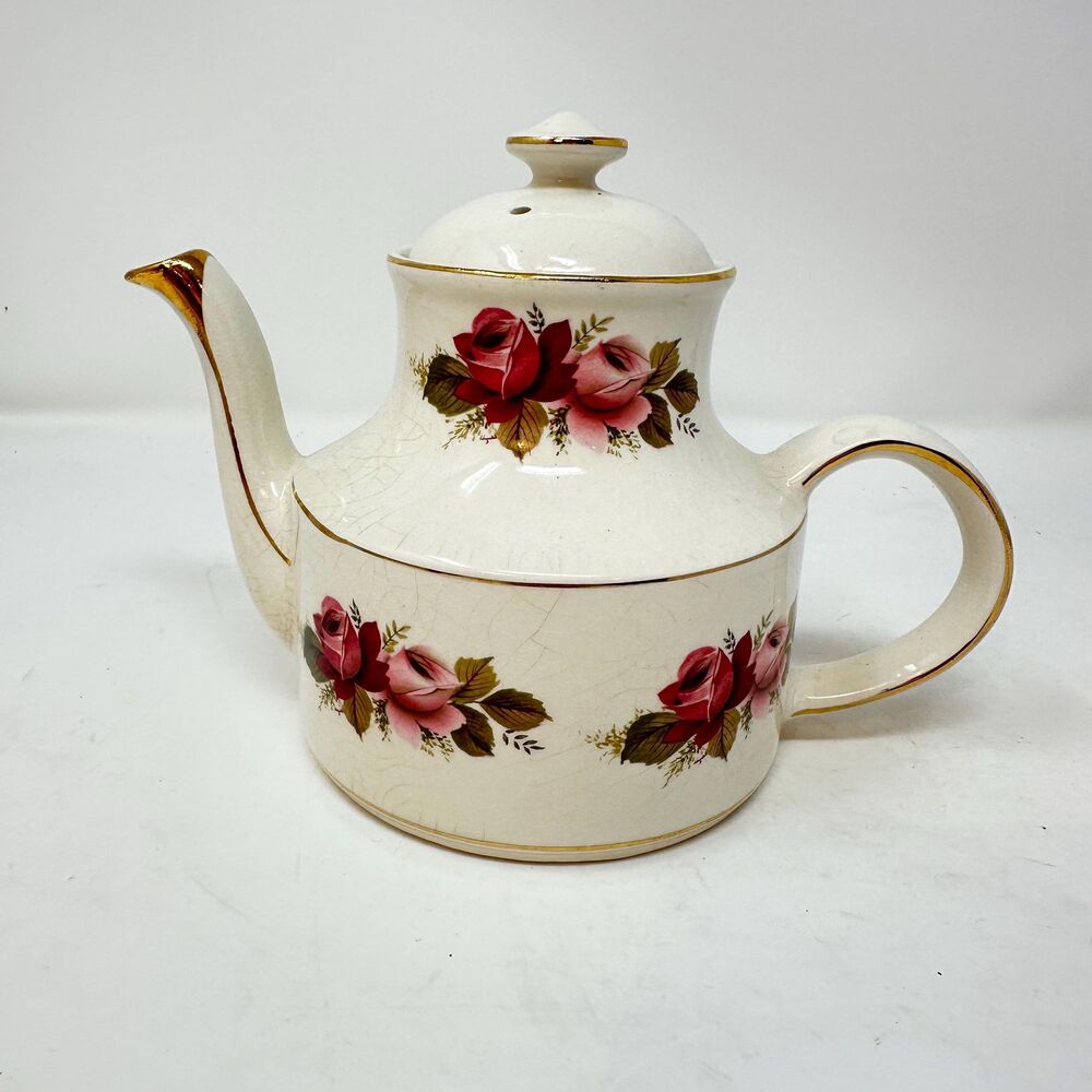 Vintage Arthur Wood Teapot Glaze Pink Red Roses Gold Trim England - Crazing